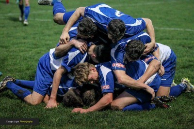 Harrogate Railway celebrate winning at Droylsden. Picture: Caught Light Photography