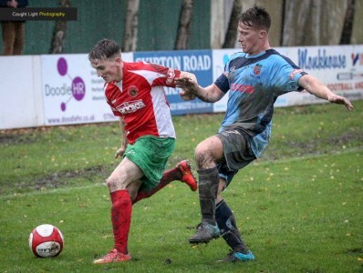 Ryan Sharrocks on the attack for Harrogate Railway against Kendal Town. Picture: Caught Light Photography