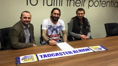 Jonathan Greening with Tadcaster Albion manager Billy Miller (left) and assistant Matt Heath (right)