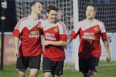 Brad Walker celebrates his second goal with George Eustance and Gary Collier. Picture: Craig Dinsdale