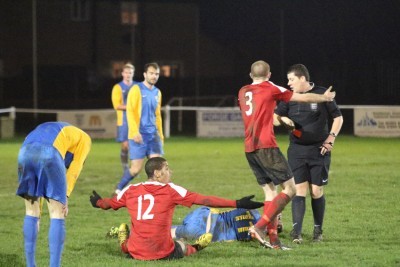 Joel Freeston sees red for his challenge on Jason Dawson. Picture: Craig Dinsdale