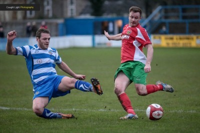 Stephen Bromley fires a shot at goal during Harrogate Railway's defeat at Lancaster. Picture: Caught Light Photography