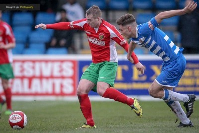 Chris Ovington battling during Harrogate Railway's draw at Radcliffe. Picture: Caught Light Photography