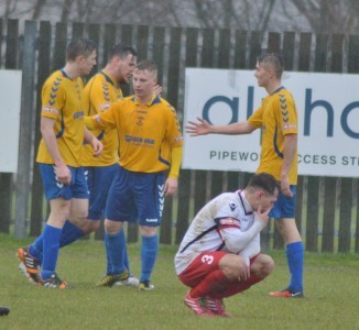 Stocksbridge celebrate Scott Ruthven's winner. Picture: Gillian Handisides 