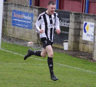 Alex Wood celebrates scoring Westella's first equaliser 