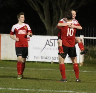 Brad Walker celebrates his opening goal with Fraser Lancaster and George Eustance. Picture: Craig Dinsdale