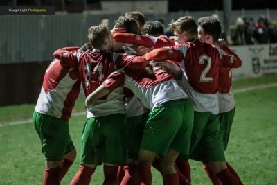 Harrogate Railway celebrate Dan Thirkell's goal in the 2-2 draw with Witton. Picture: Caught Light Photography