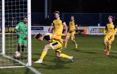 Nick Black heads home for Tadcaster late-on. Picture: Ian Parker