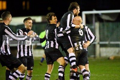 Athersley, pictured celebrating a goal earlier in the season, won at Staveley. Picture: whiterosephotos.co.uk