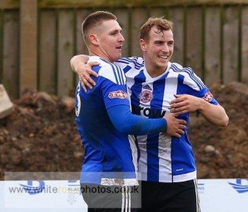 Adam Priestley (right) thought he had scored the winner for Shaw Lane. Picture: whiterosephotos.co.uk