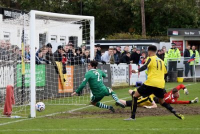 One of the near misses during Harrogate's 0-0 draw with Boston United. Picture: Craig Hurle