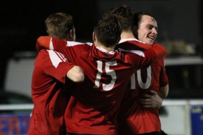 Knaresborough celebrate Brad Walker's late winner.  Picture: Craig Dinsdale