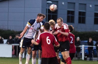 Former Leeds United striker Richard Cresswell wins a header during Tadcaster's 3-1 win at Knaresborough