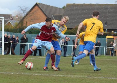 Kieran Ryan controls the ball during AFC Emley's play-off final defeat to Bottesford Town. Picture: Mark Parsons