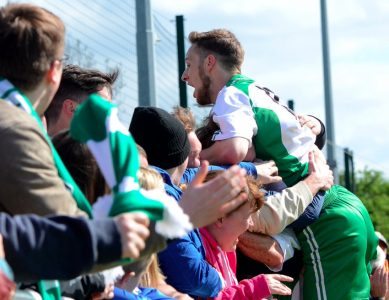 Wayne Brooksby celebrates his equalising goal in normal time of promoted North Ferriby's play-off final. Picture: John Rudkin