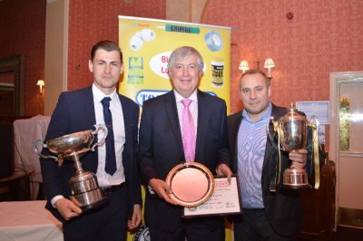 Hemsworth captain Jason Yates (left) and manager Wayne Benn receiving their prizes for winning Division One