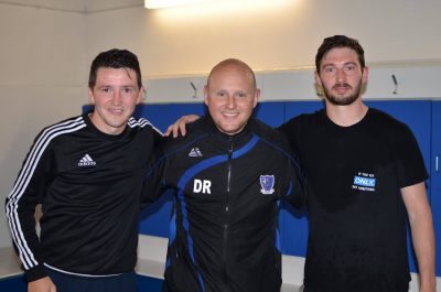 Will Ramsay (left) and Jack Binns (right) with Hall Road Rangers manager Dave Ricardo. Picture: Lee Myers