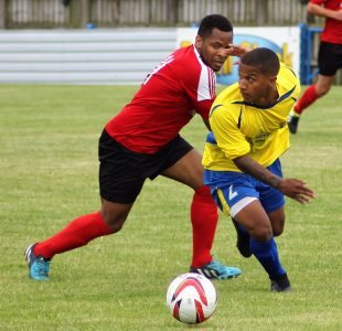 Craig Tonkinson gets past Knaresborough winger Seb Carole. Picture: Steve Richardson