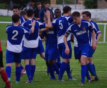 Harrogate Railway players  celebrating Izzy Mbire's first half goal