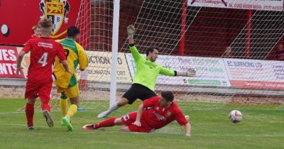 North Ferriby midfielder Curtis Bateson missed this great chance at 1-1