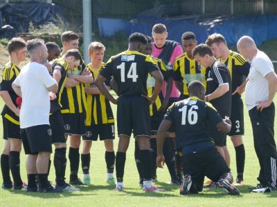 Nostell Miners Welfare manager Graham Nicholas speaks to his players during the 2-1 defeat to Leeds United under 18s. Picture: Andrew Kirk