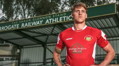 Danny Stimpson models the new Harrogate Railway home strip. Picture: Caught Light Photography