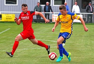 Joe Lumsden in action for Stocksbridge during the 3-1 defeat at Market Drayton