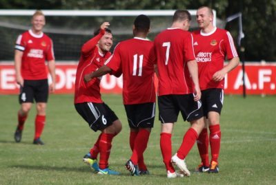 Knaresborough Town celebrate during their 7-0 demolition of Shirebrook Town