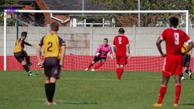 Rob Bordman scores his penalty. Picture: Mark Gledhill