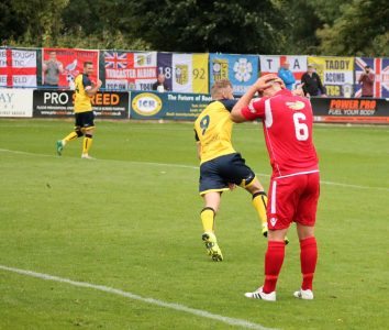 Joe Lamplough has his hands on his head as Tom Corner wheels away after scoring the winner for Tadcaster