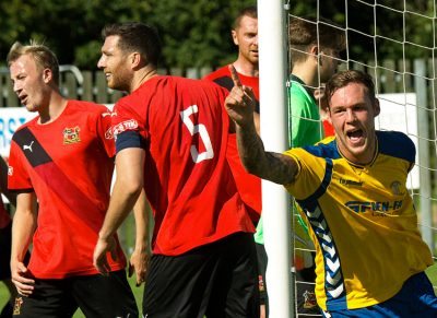 Liam McFadyen celebrates scoring for Stocksbridge in the 2-1 win over Sheffield FC. Picture: Peter Revitt