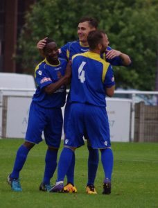 Ossett Town trialist Jason Yates celebrates his first goal