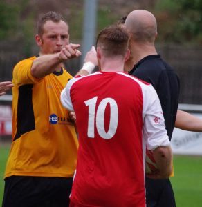 Tempers flare between Handsworth defender Sam Denton and Burbeary