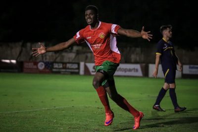 Brandon Deane celebrates his goal for Harrogate Railway. Picture: Caught Light Photography