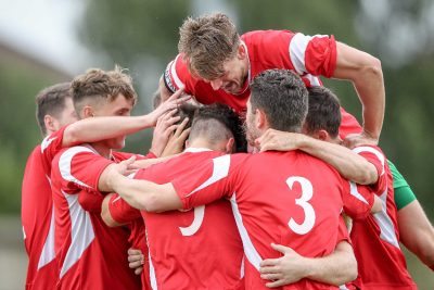 Harrogate Railway celebrating Harry Brown's opener. Picture: Caught Light Photography