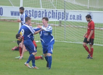 New signing Sean Goodwin celebrates his goal. Picture: Lee Myers