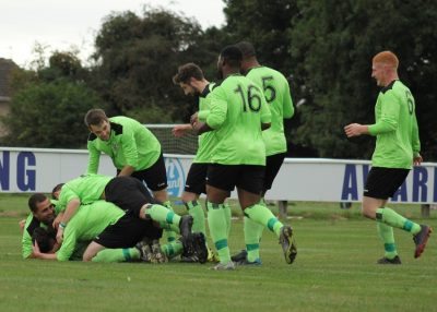 AFC Emley celebrate Aaron Joseph's goal at Hall Road. Picture: Mark Parsons