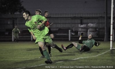 Liam Flanagan celebrates scoring in Selby's 2-1 win over Shirebrook. Picture: Malcolm Bryce