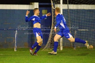 Chris Jackson celebrates one of his goals in Pontefract's derby day victory. Picture: whiterosephotos.co.uk