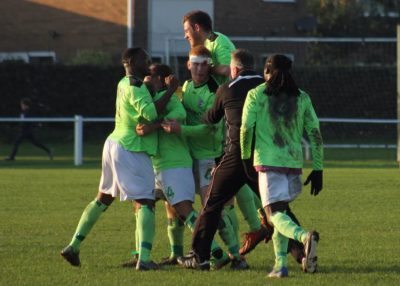 AFC Emley celebrate Ash Flynn's last minute equaliser. Picture: Mark Parsons