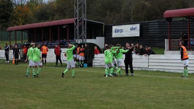 Emley celebrate Matty Jackson's goal. Picture: Mark Parsons