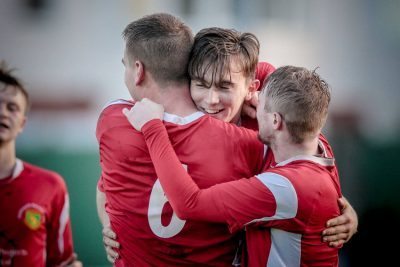 Lees celebrates his header. Picture: Caught Light Photography