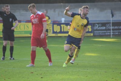 Tom Corner celebrates scoring one of two goals in Tadcaster's 2-1 win over Droylsden. Picture: Matthew Appleby