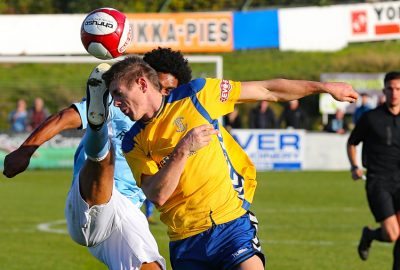 Joe Lumsden puts his head on the line during Stocksbridge's 0-0 draw with Rugby Town. Picture: Peter Revitt