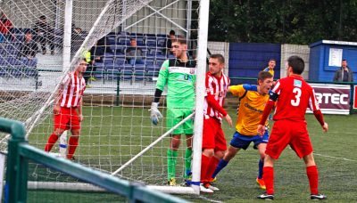 Joe Lumsden turns away after scoring the winner for Stocksbridge at Romulus. Picture: Ian Revitt