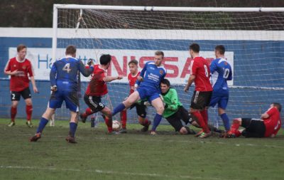 A scramble in the Knaresborough penalty area during the 2-2 draw at Pontefract. Picture: Craig Dinsdale 